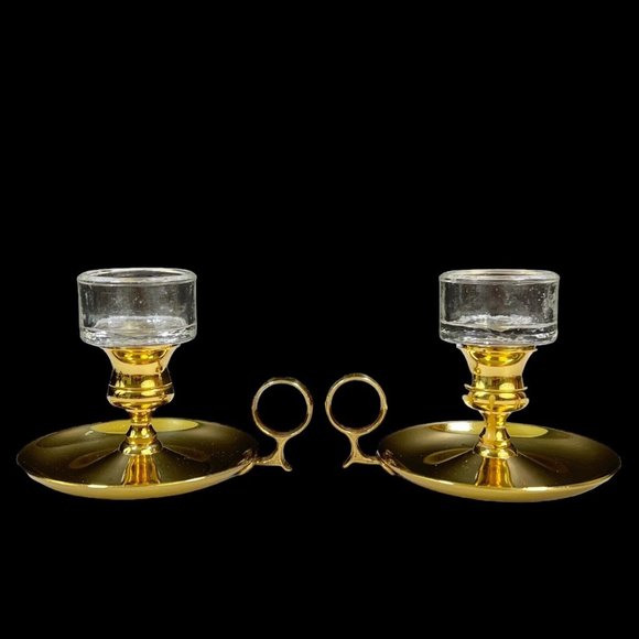 Brass Chamberstick Candle Holder‎ With Glass Inset By Baldwin Brass Set Of 2 - Picture 3 of 12